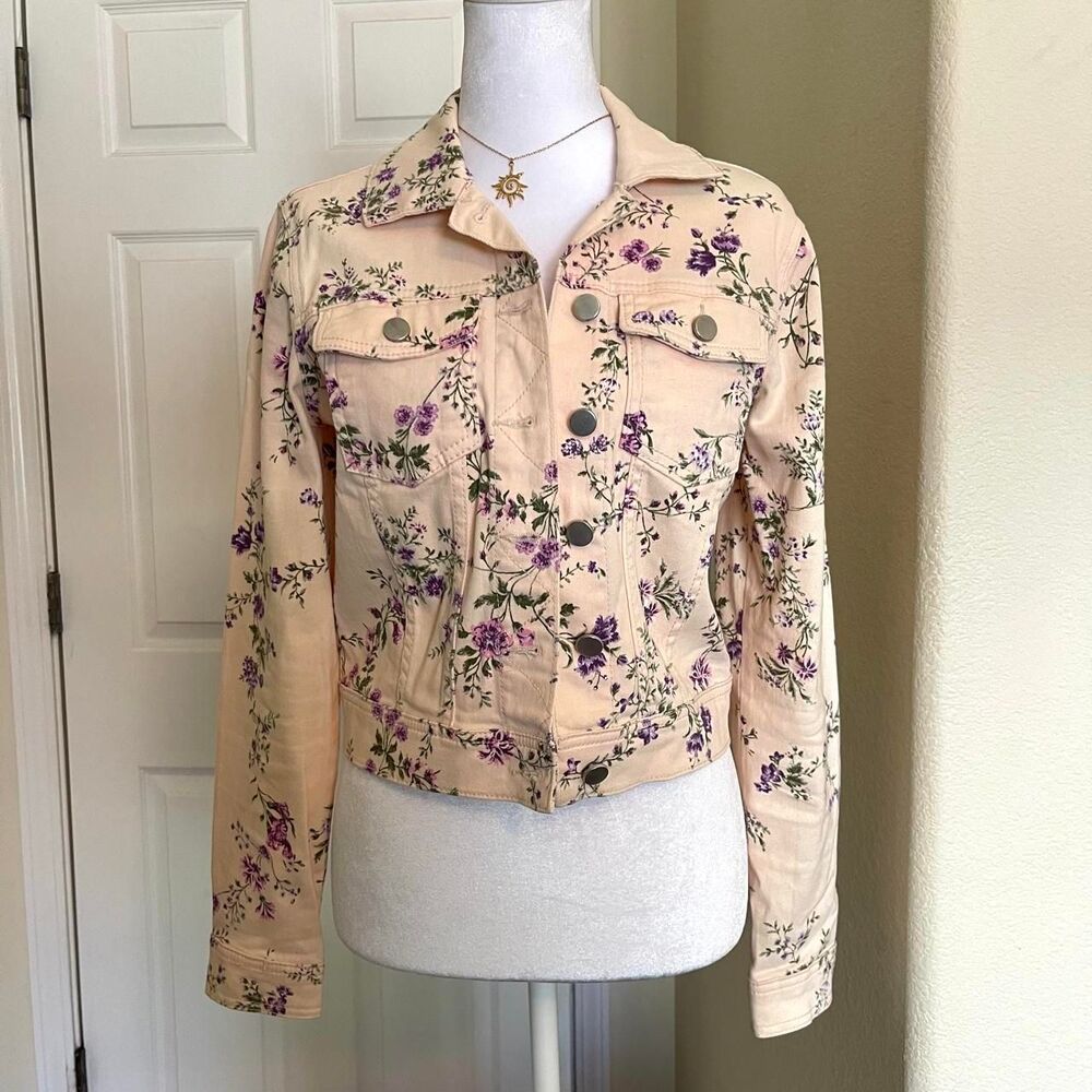 Candie's cream & purple floral denim jacket with purple & green flowers - size X